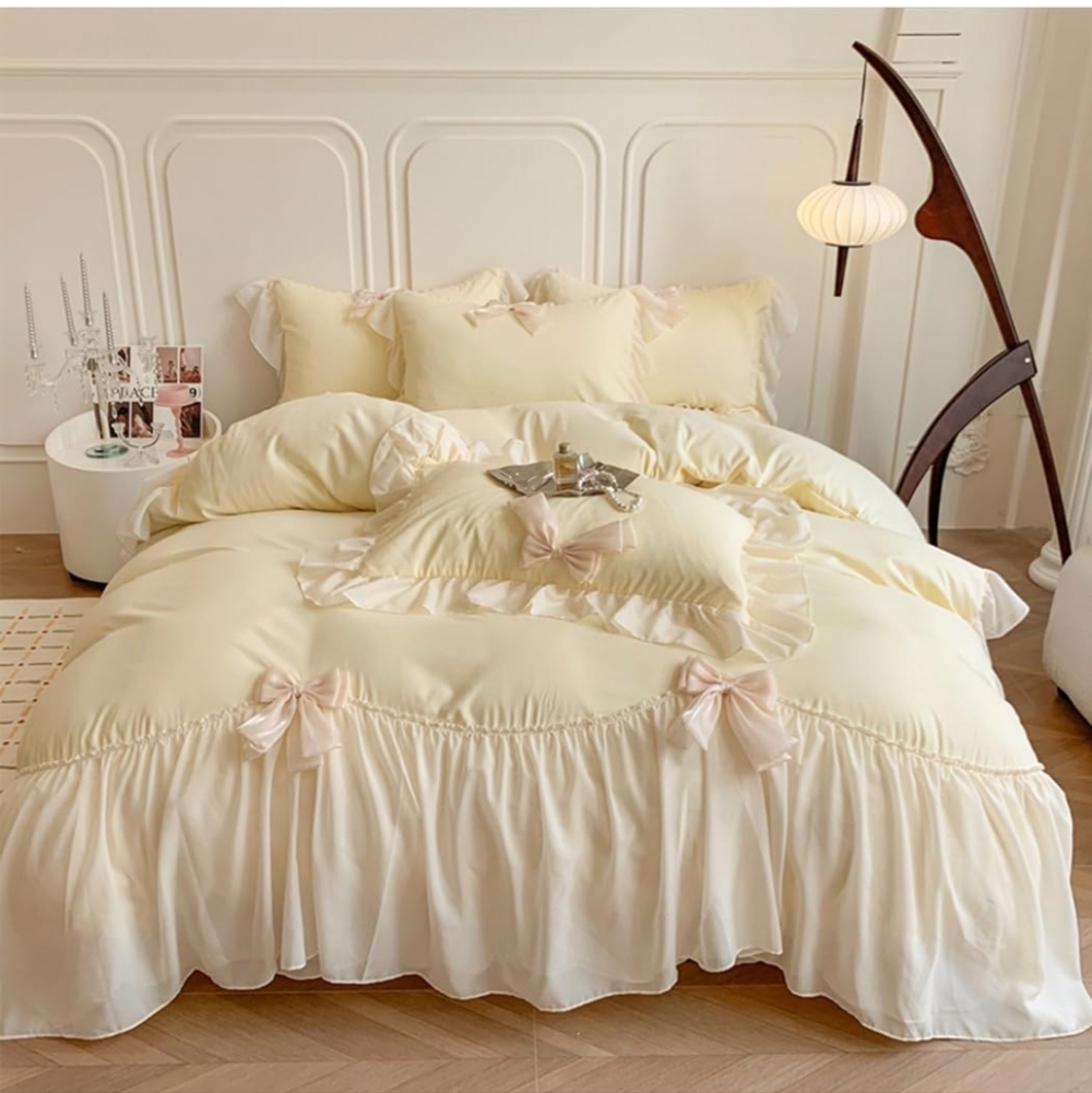 Lace Ruffled Bedding Bow Duvet Cover Set Butterfly Tie, Brushed Microfiber Queen